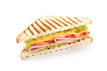 Sandwich with ham, cheese, tomatoes, lettuce, and toasted bread. Above view isolated on white background.