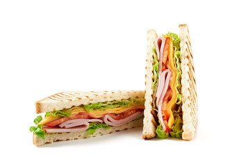 Sandwich with ham, cheese, tomatoes, lettuce, and toasted bread. Front view isolated on white...