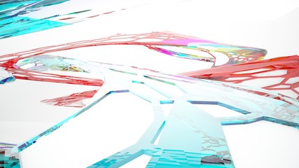 Abstract white and colored gradient glasses parametric interior  with window. 3D illustration and rendering.