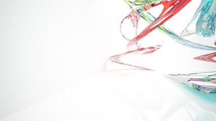 Abstract white and colored gradient glasses parametric interior  with window. 3D illustration and rendering.