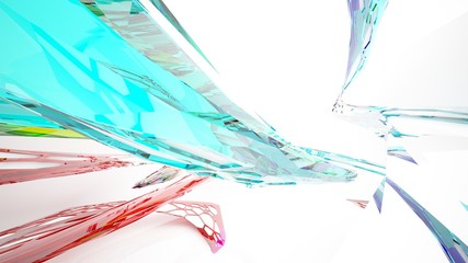 Abstract white and colored gradient glasses parametric interior  with window. 3D illustration and rendering.