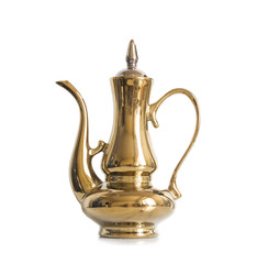 Oriental ceramic cookware set, jug and stack on white background