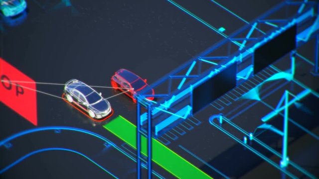 autonome transportation system concept, smart city, Internet of things, vehicle to vehicle, vehicle to infrastructure, vehicle to pedestrian, abstract image visual 4k 3d animation