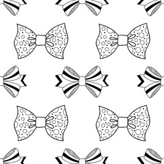Bows. Black and white illustration, seamless pattern for coloring pages. Decorative and festive background.
