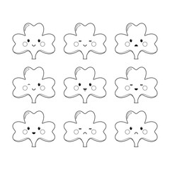 Fototapeta premium Clover, emoticons or emoji. Characters for St. Patricks day. Black and white illustration for coloring. Digital stamps.