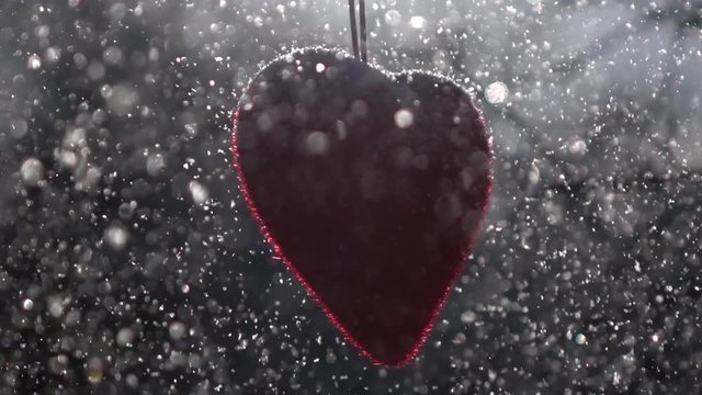 Winter lyric scene of Saint Valentine's Day. Red heart, hanging in back light, and snow mass, falling on it. Love Day of winter cold February. Cold sunny weather for hot romantic heart on forest.