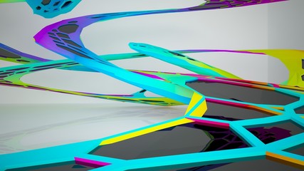 Abstract white and colored gradient parametric interiorwith window. 3D illustration and rendering.