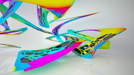 Abstract white and colored gradient parametric interiorwith window. 3D illustration and rendering.