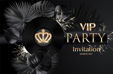 VIP PARTY INVITATION BANNER WITH TROPICAL LEAVES, SPARKLERS AND VINYL RECORD. VECTOR ILLUSTRATION