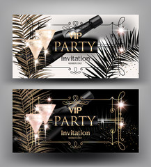 VIP PARTY INVITATION BANNERS WITH PARTY DECO OBJECTS. VECTOR ILLUSTRATION