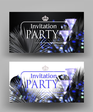 VIP invitation banners with monochrome tropical leaves and goblets of champagne. Vector illustration