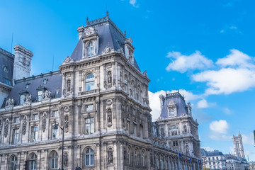 Paris, the city hall, place de l’Hotel de Ville, beautiful parisian monument, with the Saint-Jacques tower in background
