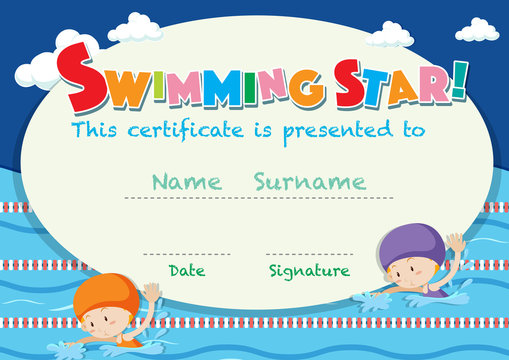 Certificate template with kids swimming