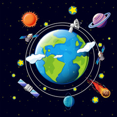 Space theme with satellites and planets around earth