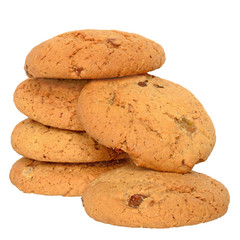 Appetizing chip cookies with raisins and candied fruit tower isolated