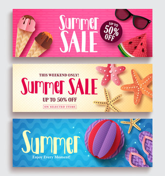 Summer sale vector banner set with colorful pattern background and paper cut beach elements. Seasonal template set for discount promotion vector illustration.
