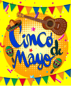 Cinco de mayo poster design with guitar and flags
