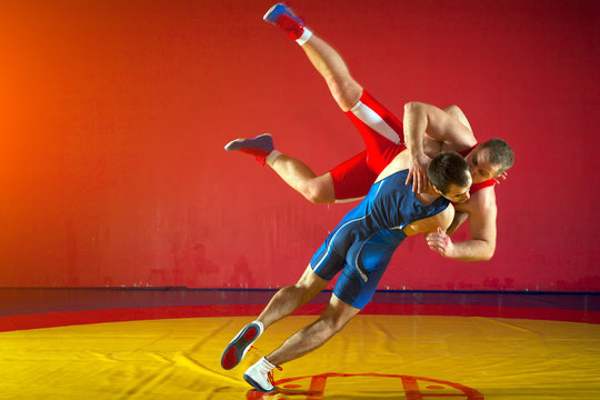 Two strong wrestlers in blue and red wrestling tights are wrestlng and making wrestling  throw on a yellow wrestling carpet in the gym. Young man doing grapple.