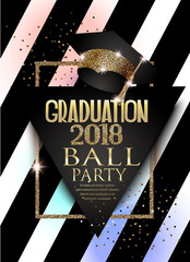 Graduation 2018 party invitation card with hat, golden frame  and striped background. Vector illustration © unona613