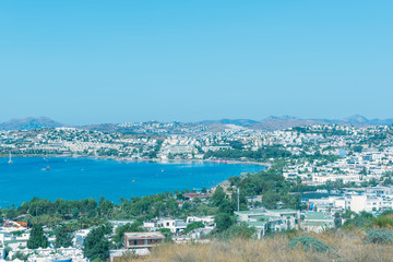 Fototapeta na wymiar Cityscape Aerial view of Aegean architecture houses and Marine