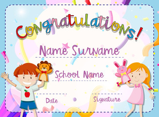 Certificate template with boy and girl