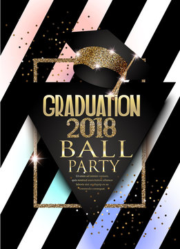Graduation 2018 party invitation card with hat, golden frame  and striped background. Vector illustration