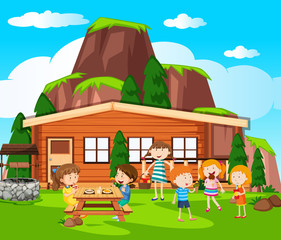 Obraz na płótnie Canvas Scene with kids having picnic by the cottage