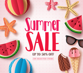 Naklejka premium Summer sale vector banner design with sale text and beach paper cut colorful elements in white pattern background for summer seasonal discount promotion. Vector illustration. 