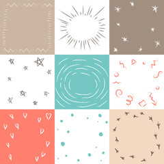 Vector set of nine frames, bursts and other doodle accessories for cards.
