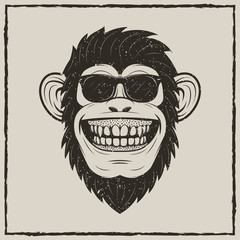 Funny monkey in sunglasses vector grunge t-shirt printing design