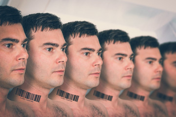 A lot of men in a row with barcode - genetic clone concept