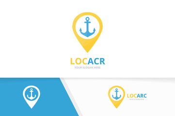 Vector anchor and map pointer logo combination. Marine and gps locator symbol or icon. Unique navy and pin logotype design template.
