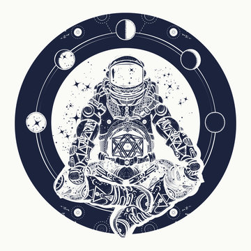 Astronaut and Universe t-shirt design. Spaceman silhouette sitting in lotus pose of yoga tattoo. Astronaut in the lotus position tattoo art. Symbol of meditation, harmony, yoga