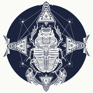 Egyptian scarab symbol of pharaoh, gods Ra, sun, t-shirt design, tattoos of ancient Egypt. Scarab, tattoo, ancient Egypt, mythology
