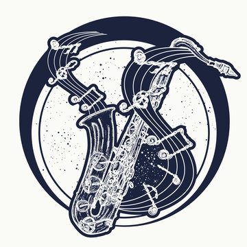 Saxophone and music notes. Notes take off from a saxophone, musical art. Sax and notes tattoo. Jazz tattoo and t-shirt design