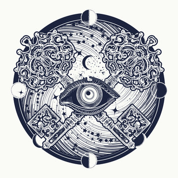 All seeing eye tattoo occult art, masonic symbol and vintage magic key. All seeing eye mystery of universe t-shirt design. Mystical esoteric symbol of secret knowledge