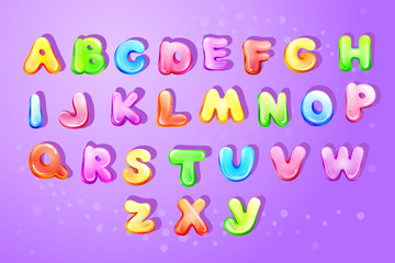 Vector colorful kids english alphabet, children font template Preschool, kindergarten game typography latin text design glossy bubble style letter. Cute education cartoon objects set purple background