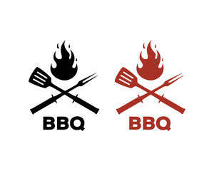 Barbecue and Grill Cross Tool with Fire Symbol BBQ Logo Vector