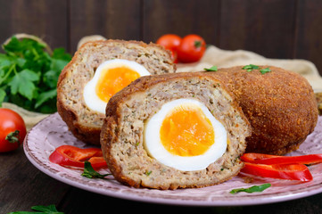 Large juicy cutlets stuffed with boiled egg on a dark wooden background. Scottish cutlet.