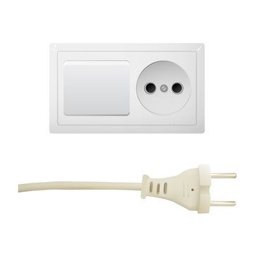 Electric white socket with plug and switch. Electricity vector illustration. Household appliances.