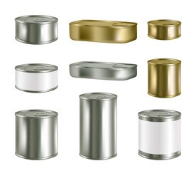 Vector canned food realistic blank metal package mockup set