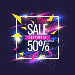 Best sale banner. Original poster for discount. Geometric shapes and neon glow against a dark background.