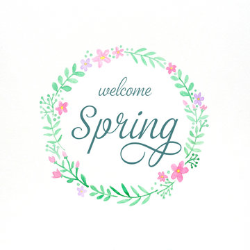 Welcome spring, Flowers wreath watercolors, Hand drawing flowers in watercolor style on white paper background, banner
