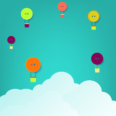 Illustration for creative background. Buttons made hot air balloon in the sky and origami clouds.