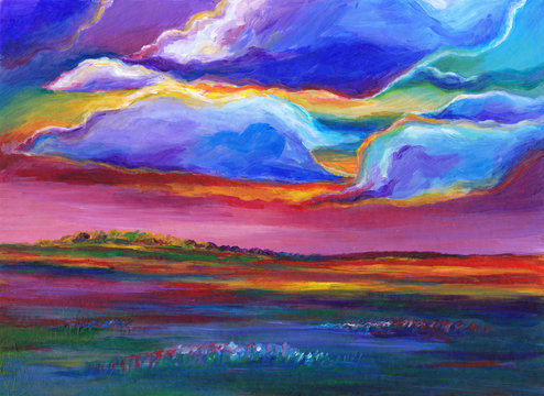 Big clouds landscape, oil artwork, hand painted