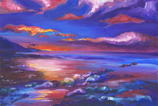 Seaside landscape, Seascape sunset, oil painting, fine art