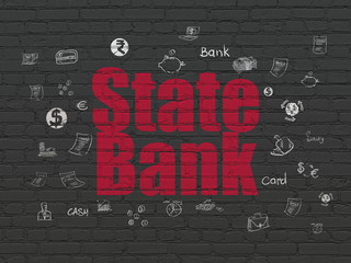 Banking concept: Painted red text State Bank on Black Brick wall background with  Hand Drawn Finance Icons