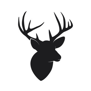 Silhouette of deer head with antlers isolated on white background