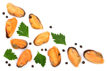 mussels with parsley and peppercorns isolated on white background with copy space for your text. Top view. Flat lay