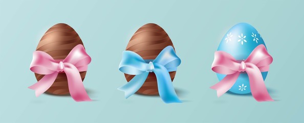 Collection of Easter chocolate eggs with pink and blue bows isolated on blue background. Vector illustration